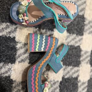 Betsey Johnson Blue Denim Platform Sandals with Multicolor Shell Embellishments